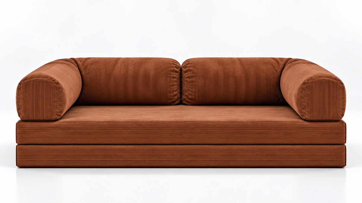 Front view of the Confex Orange Corduroy Sofa featuring warm rust orange upholstery, softly rounded cylindrical armrests, generous seat cushions and a clean contemporary silhouette.