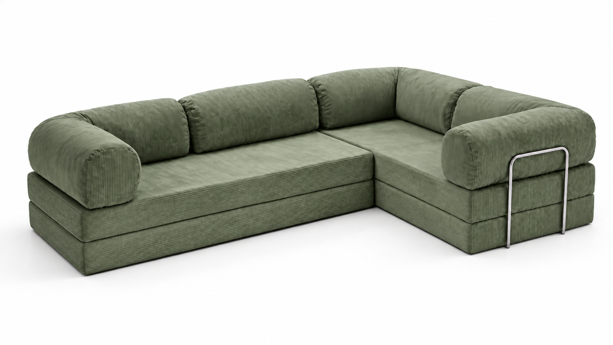 Confex Corner Green Sofa photographed from an elevated angle, revealing its corner seating arrangement, ribbed corduroy upholstery, rounded armrests and generously cushioned structure.