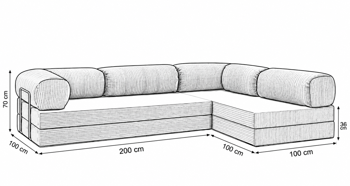 Black and white technical illustration of the Confex Corner Green Sofa showing the sectional layout, individual seat cushions, rounded armrests and detailed furniture construction.