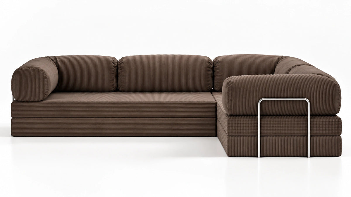 Front view of the Confex Brown Corner Sofa featuring deep cushioned seating, textured brown fabric, supportive backrests and a spacious L shaped sectional configuration.