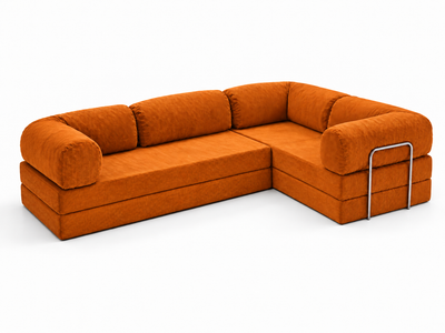 Confex Corner Orange Sofa photographed at an angle on a white background, revealing the L-shaped seating layout, segmented orange back cushions and contrasting metal accents around the rounded outer arms.