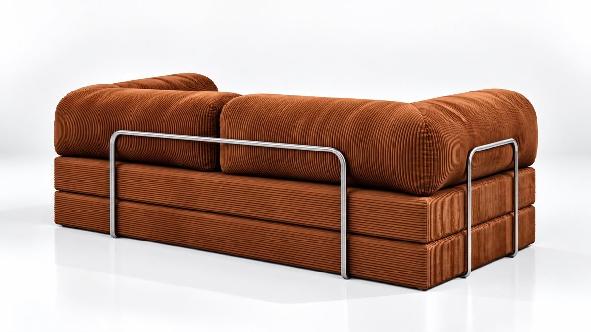 Detailed perspective of the Confex Orange Sofa showcasing its distinctive corduroy texture, cushioned backrest and low profile design with softly curved edges for a modern living room.
