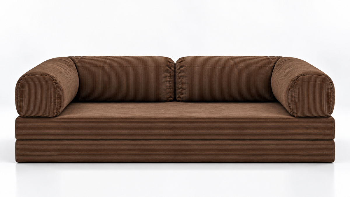 Front view of the Confex Brown Sofa featuring rich earthy upholstery, generously padded seat cushions, rounded armrests and a clean contemporary silhouette designed for modern living spaces.