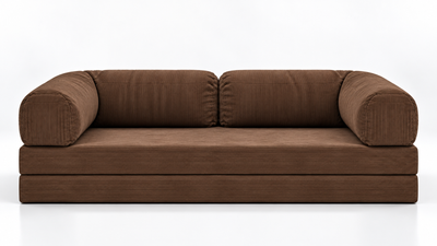 Front view of the Confex Brown Sofa featuring rich earthy upholstery, generously padded seat cushions, rounded armrests and a clean contemporary silhouette designed for modern living spaces.