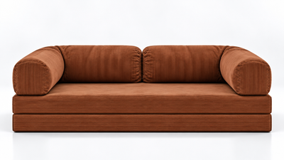 Front view of the Confex Orange Corduroy Sofa featuring warm rust orange upholstery, softly rounded cylindrical armrests, generous seat cushions and a clean contemporary silhouette.