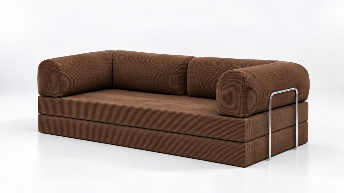 Angled view of the Confex Brown Couch highlighting its soft textured fabric, inviting seating area and gently rounded armrests, a warm furniture choice for contemporary home interiors.