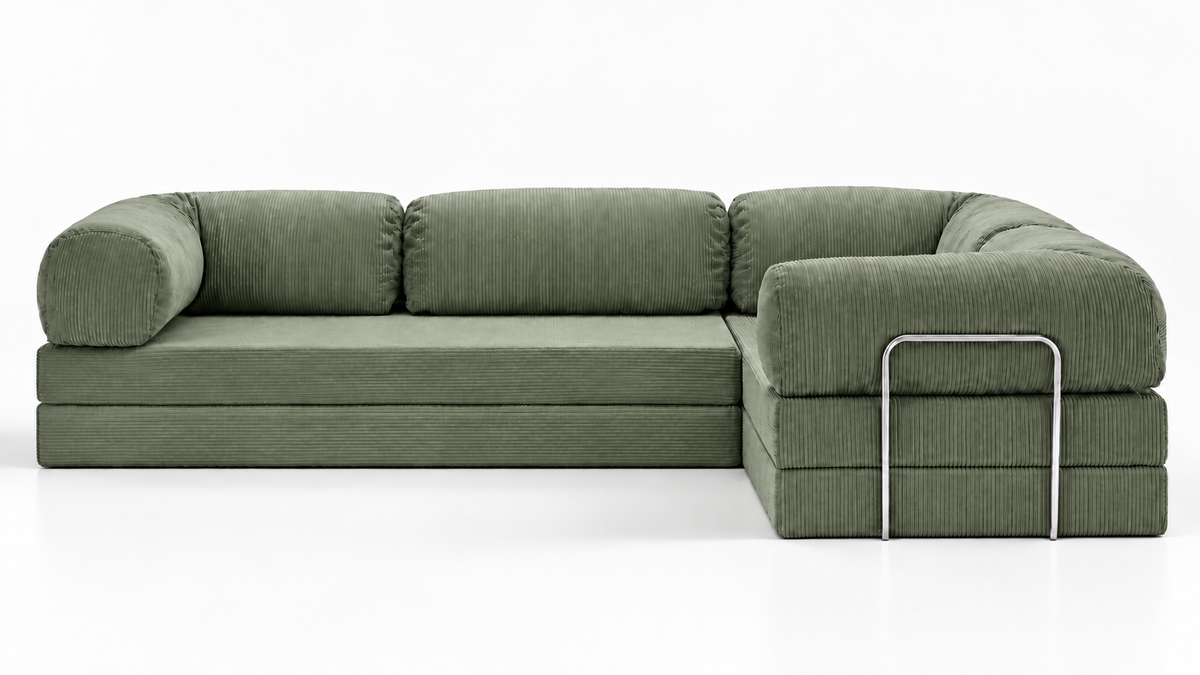 Front view of the Confex Corner Green Sofa featuring a spacious L-shaped configuration, olive green fabric, three back cushions, deep seating and a modern low-profile design.