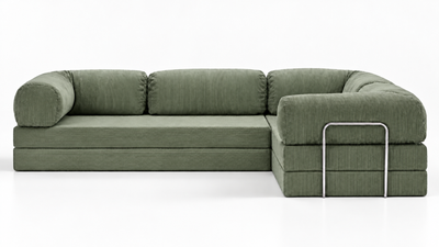 Front view of the Confex Corner Green Sofa featuring a spacious L-shaped configuration, olive green fabric, three back cushions, deep seating and a modern low-profile design.
