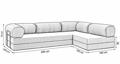Black and white technical illustration of the Confex Corner Green Sofa showing the sectional layout, individual seat cushions, rounded armrests and detailed furniture construction.
