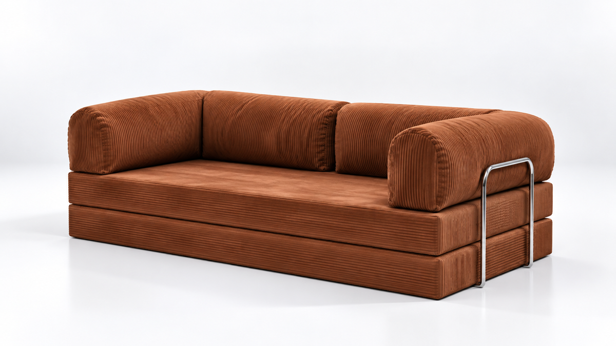 Three quarter view of the Confex corduroy couch in an earthy orange shade, highlighting its ribbed upholstery, relaxed seating proportions and rounded arms against a minimal studio backdrop.