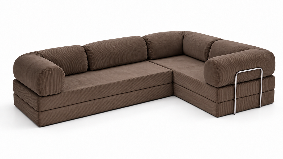 Confex Brown Corner Sofa shown from an elevated angle, highlighting its modern corner layout, ribbed corduroy texture, generously padded seats and softly rounded armrests.